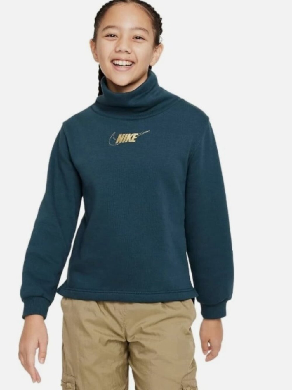 Nike Club Fleece Big Kids' Girls Funnel Neck Hoodie (Deep Jungle/Gold) Size XL